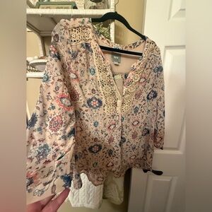 Anthropologie Maeve Beige Floral Blouse with Crochet Accents